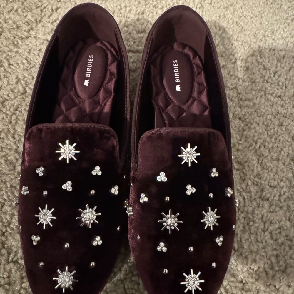 Birdies Burgundy Velvet Flats with Silver Embellishments